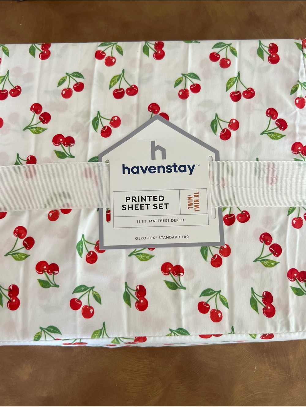 Twin XL 3 -piece sheet set ; Cherry Print by havenstay; White and Red, New